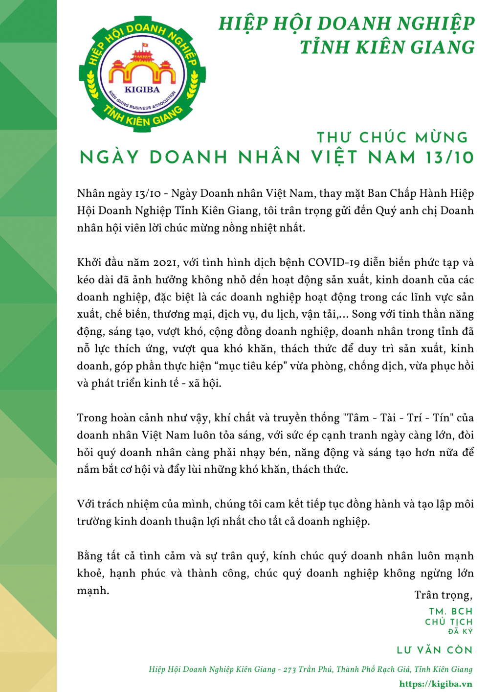 Thư chúc mừng từ Hiệp Hội Doanh Nghiệp Tỉnh Kiên Giang